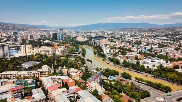 Aerial Drone View Tbilisi Georgia Multiple Buildings Lot Greenery Kura — Stock Photo, Image