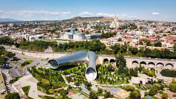 Aerial Drone View Tbilisi Georgia Rike Park Greenery Modern Buildings — Stock Photo, Image