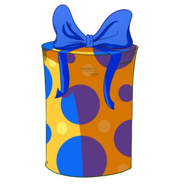 Mavi fiyonklu sarı silindir hediye kutusu.