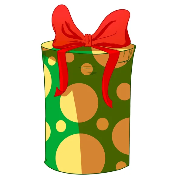 Yeşil silindir hediye kutu kırmızı yay ile. — Stok fotoğraf