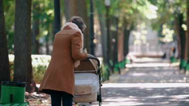 Bir kadın, bir sonbahar günü ağaçların arasında bebek arabasını itiyor.