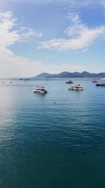 Cannes, Fransa - 6 Eylül 2025: İnsanların kumsalda dinlendiği ve turkuaz denizde yüzdüğü, palmiye ağaçları ve şehir binalarıyla çevrili havadan insansız hava aracı görüntüsü