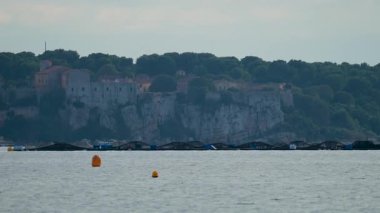 Yoğun yeşil ağaçlarla çevrili beyaz uçurumların tepesindeki tarihi bir kale ve eski binaların manzarası