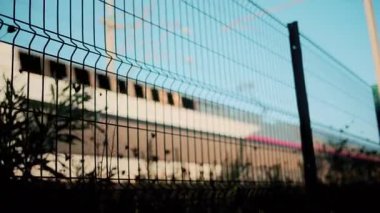 Mavi gökyüzü arka planına sahip tel örgülerin arasından görünen modern bir trenin bulanık hareketi