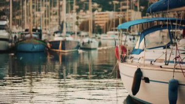 Altın saat boyunca yat limanında dizilmiş zarif yelkenliler, akşam güneşini yansıtan sakin sular.