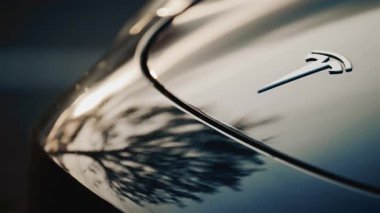 Cannes, Fransa - 20 Ekim 2025: Günbatımında bir ağacın siluetini yansıtan Tesla kaputunun sinematikleştirilmesi