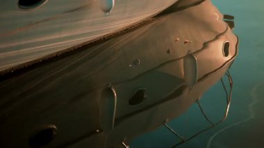 Bir yatın gövdesine yakın durgun marina suyuna yansıyan sıcak güneş ışığı, teknenin kıvrımlarını ve dokularını aydınlatıyor.