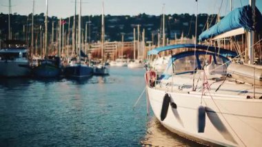 Yachts and sailing boats docked in a marina with sunlight reflecting on the water