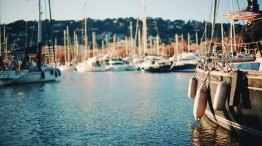 Yachts and sailing boats docked in a marina with sunlight reflecting on the water