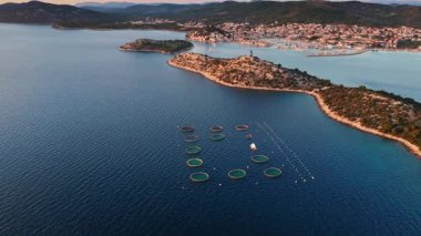 Aerial drone view of a coastal island landscape near Tribunj, Croatia, highlighting clear blue Adriatic waters, rocky shorelines, dense pine forests, and an offshore circular fish farm