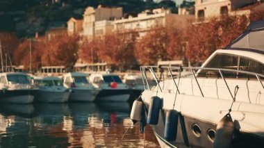 Yamaçta konut binaları ve arka planda sonbahar ağaçları olan bir marinaya kayıklar yanaştı.