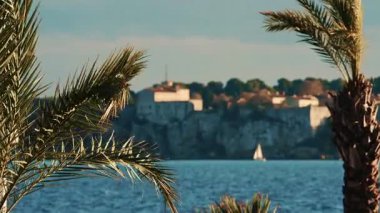 Ön planda sallanan palmiye ağaçları Antibes 'teki Akdeniz manzaralı tarihi Carre Kalesi ile birlikte.