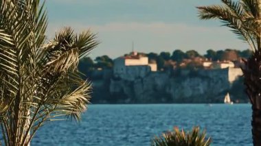 Ön planda sallanan palmiye ağaçları Antibes 'teki Akdeniz manzaralı tarihi Carre Kalesi ile birlikte.