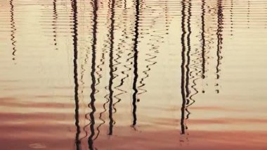 Gün batımında yat direklerinin yansımaları durgun marina suyunda bozulur.