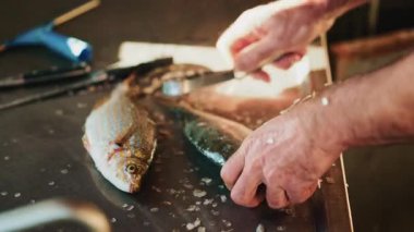 Eller, paslanmaz çelik bir iş yüzeyindeki küçük bir balığı bıçaklar ve aletlerle tırmandırıyor.