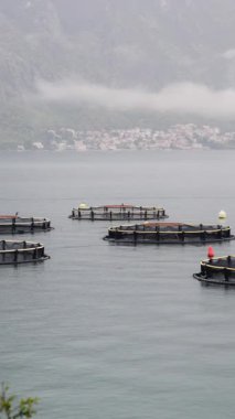 Fish farms operating on the sea surrounded by mountains and a village