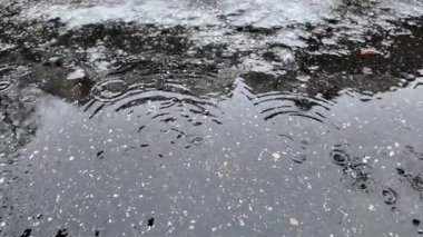 Yağmur damlaları asfalt bir yüzeye çarpar ve ıslak kış havasında dairesel dalgalanmalar ve yansımalar oluşturur.