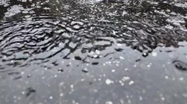 Yağmur damlaları asfalt bir yüzeye çarpar ve ıslak kış havasında dairesel dalgalanmalar ve yansımalar oluşturur.