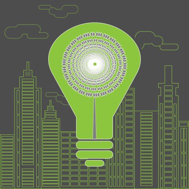 Energy saving lightbulb in front of the skyscrapers.