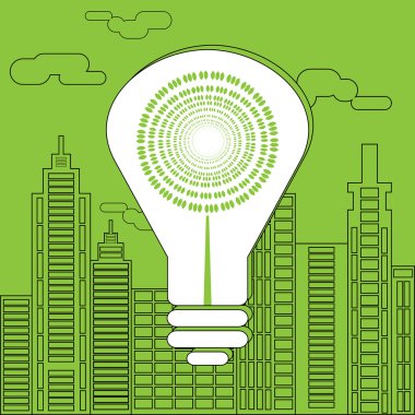 Energy saving lightbulb in front of the skyscrapers.