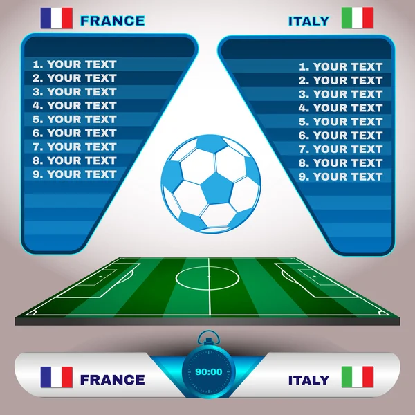 Tabellone di valutazione delle partite di calcio su un campo da gioco — Vettoriale Stock