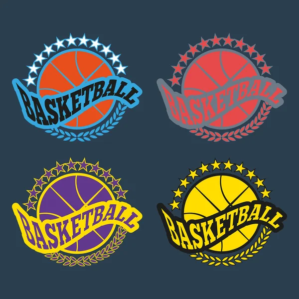 Emblemas de basquete com estrelas e grinalda Laurel — Vetor de Stock