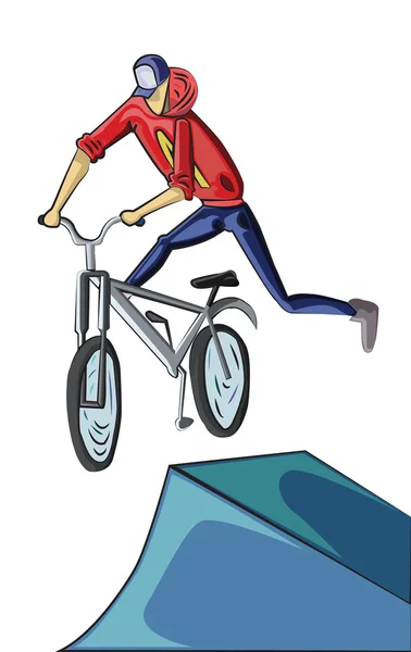 Teenager doing bike tricks on ramps — Stok Vektör