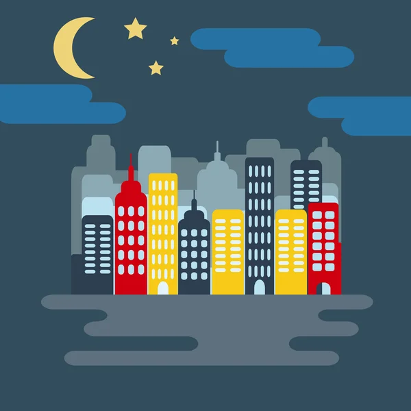 Paisaje urbano con rascacielos y media luna por la noche — Vector de stock