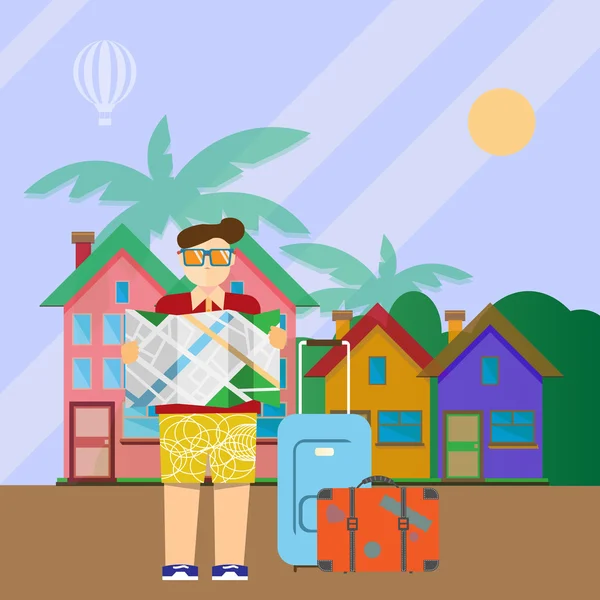 Tourist with map and suitcases. — Stock Vector