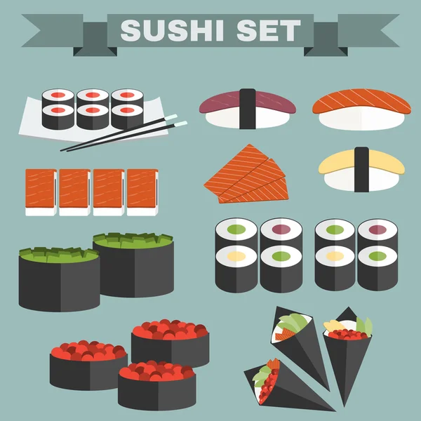 Grand ensemble d'icônes colorées de sushi — Image vectorielle