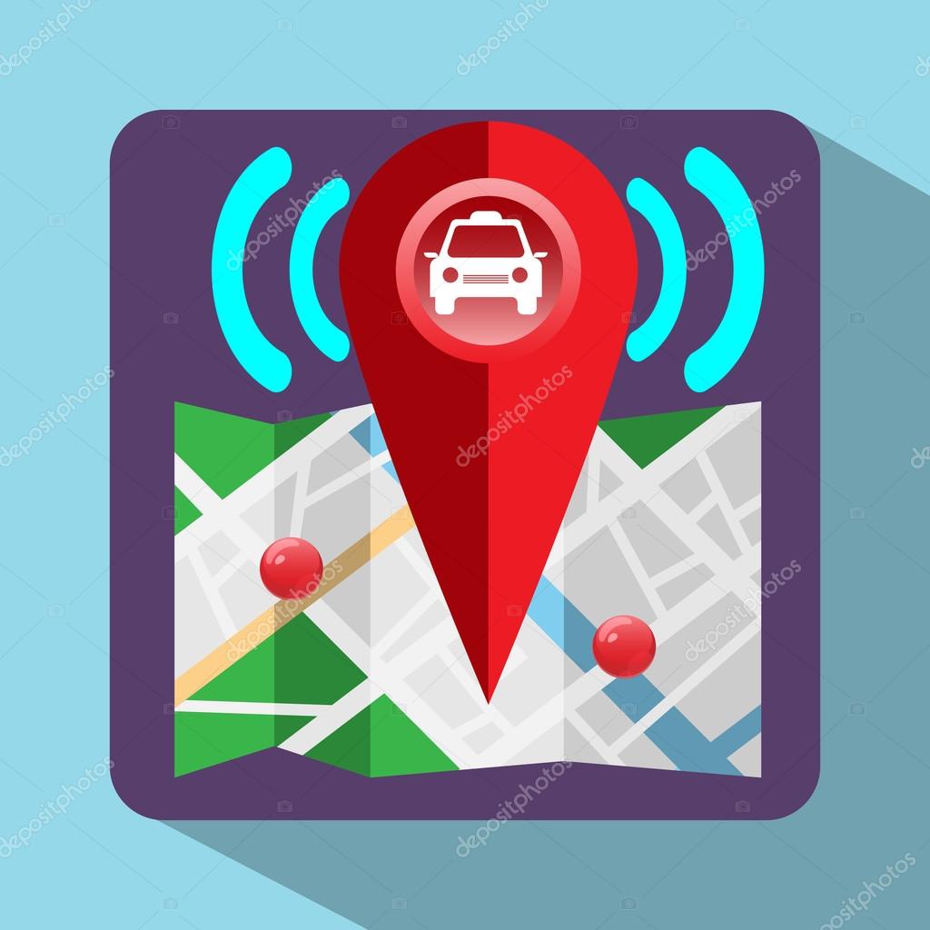 Gps Navigation Logo. Device for taxi drivers. Car, Map Pointer, Navigation Signal, Streets, Lake, Parks. Digital background vector illustration