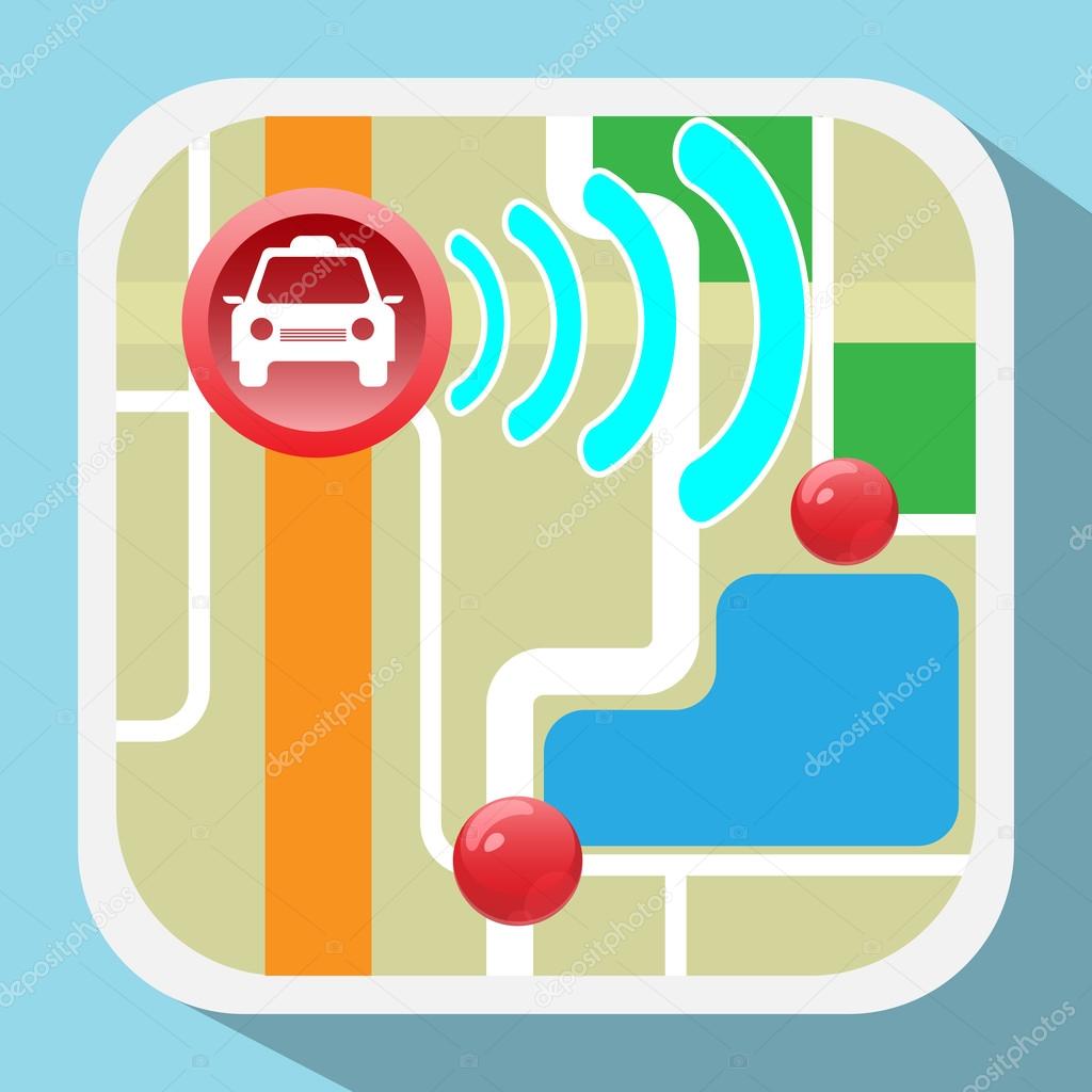 Gps Navigation Logo. Device for taxi drivers. Car, Map Pointer, Navigation Signal, Streets, Lake, Parks. Digital background vector illustration