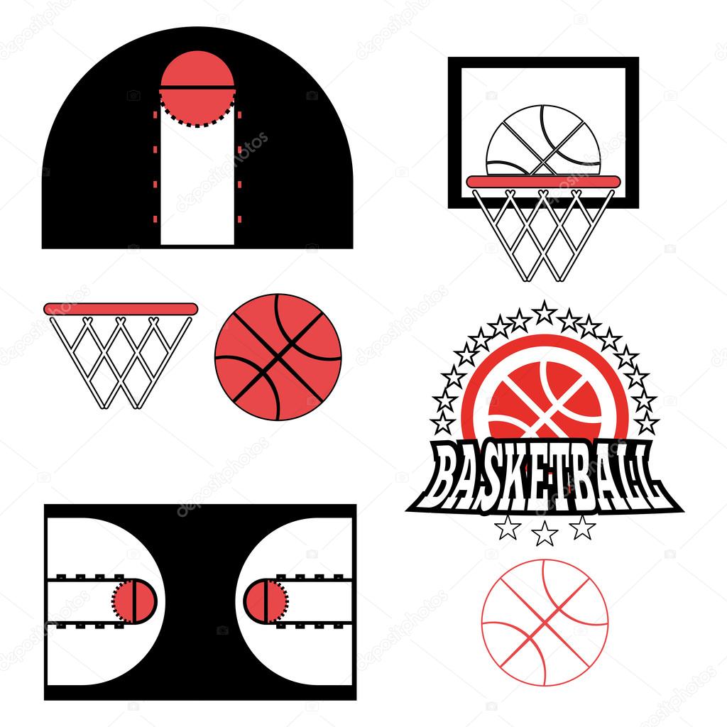 Basketball objects. Ball used for playing a basketball game. Basket for throwing balls. Sports symbols. Basketball Play Court Design. Sports Objects. Digital Vector Illustration.