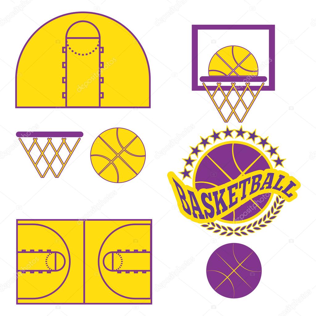 Basketball objects. Ball used for playing a basketball game. Basket for throwing balls. Sports symbols. Basketball Play Court Design. Sports Objects. Digital Vector Illustration.
