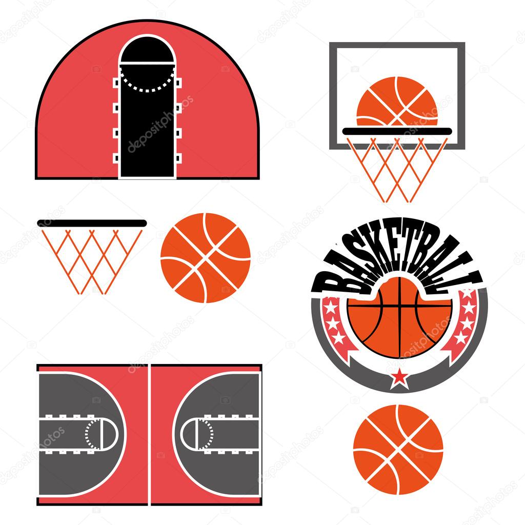 Basketball objects. Ball used for playing a basketball game. Basket for throwing balls. Sports symbols. Basketball Play Court Design. Sports Objects. Digital Vector Illustration.