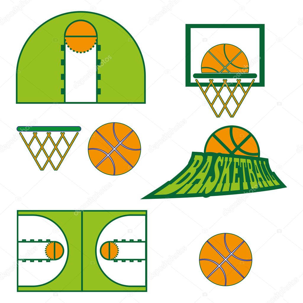 Basketball objects. Ball used for playing a basketball game. Basket for throwing balls. Sports symbols. Basketball Play Court Design. Sports Objects. Digital Vector Illustration.