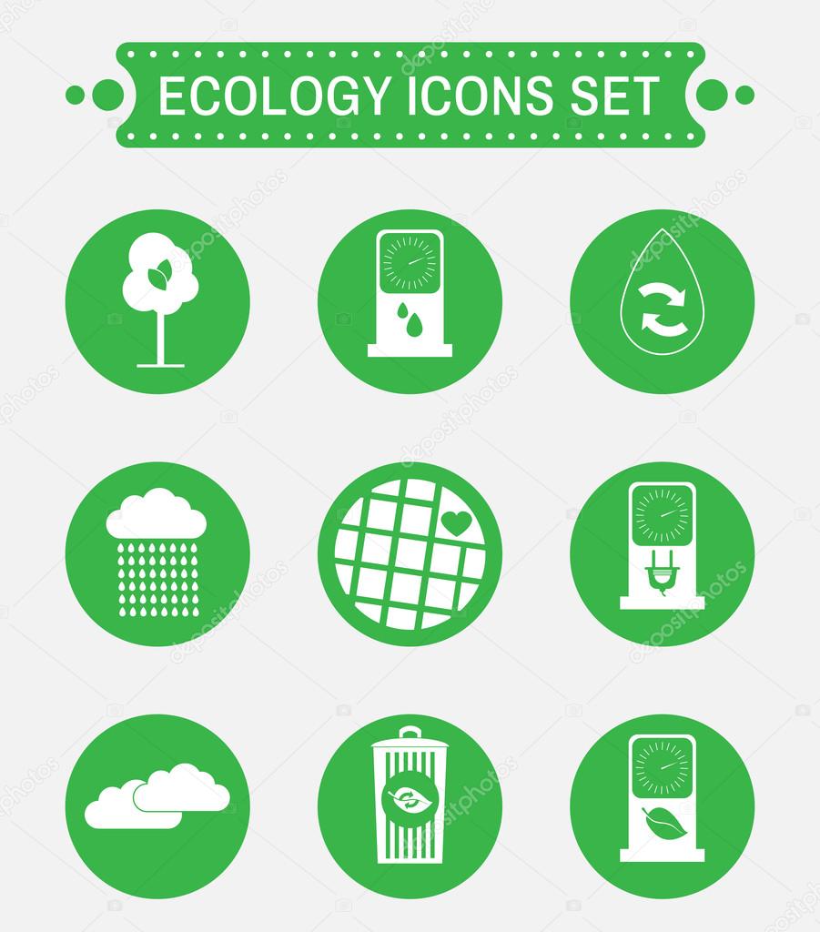 Ecology logo isolated on green round buttons. Digital background vector icon set.