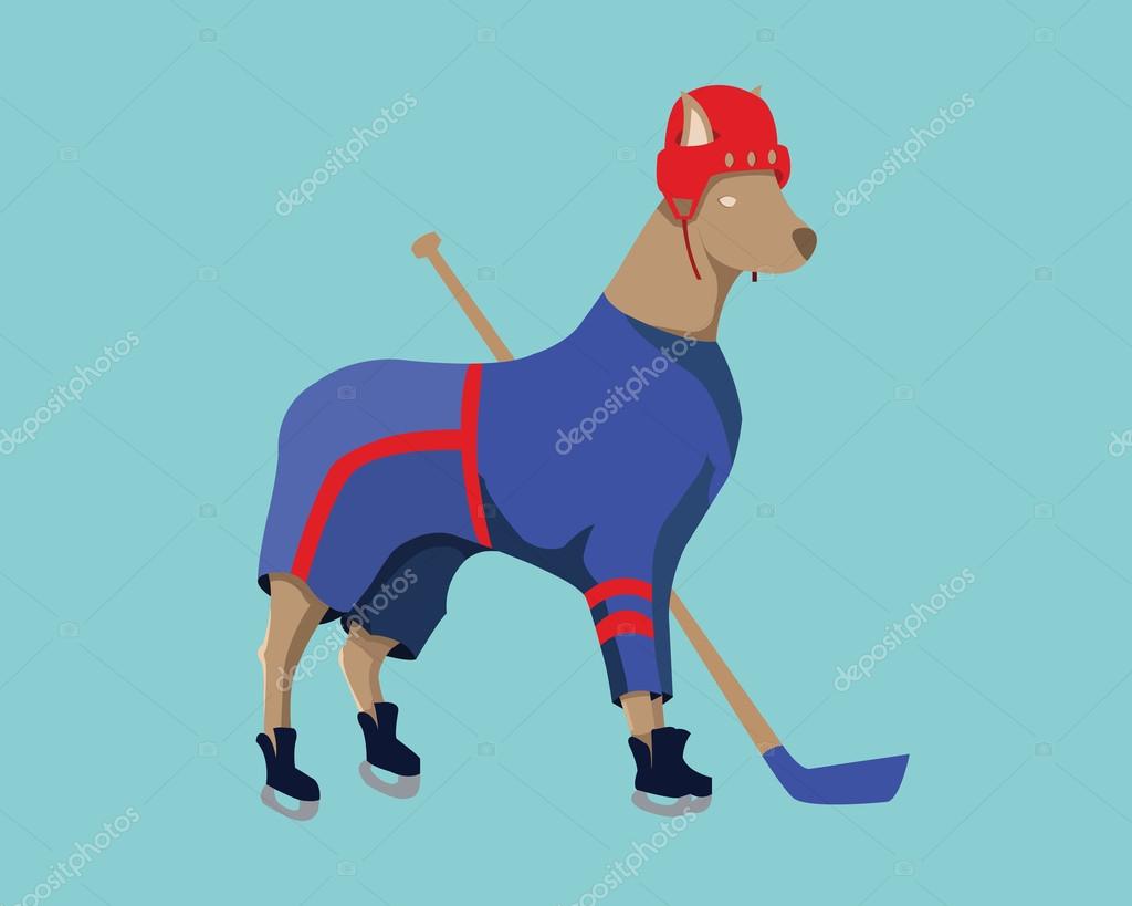 Big Dog, Blue with Red Stripes Hockey Sports Mascot on Blue Background. Hockey Sportswear. Emblem of a dog for a logo. Digital Vector Illustration.