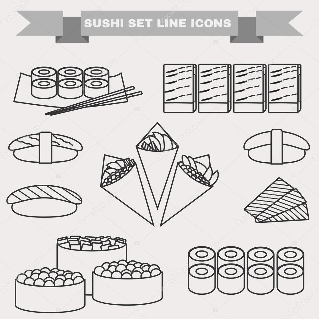 Big black and white icon set of sushi