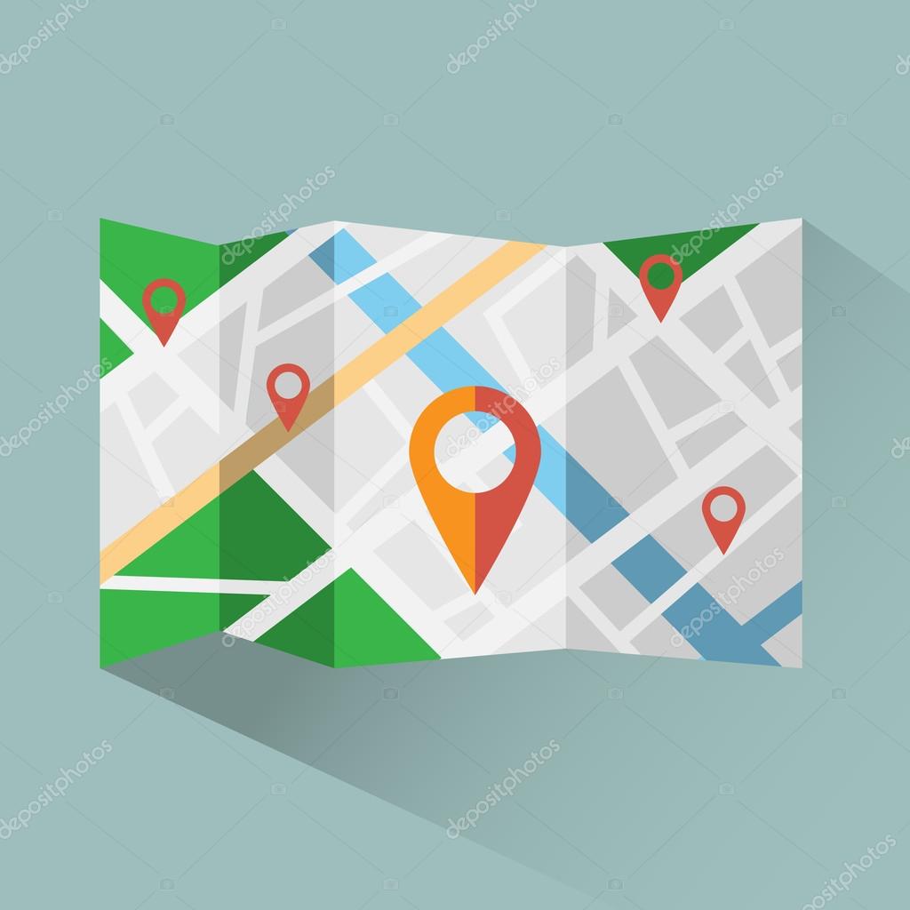 Colorful map with map pointers digital vector icon.