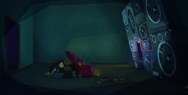 Kanepe ile bir oturma odasında büyük ses sistemi.