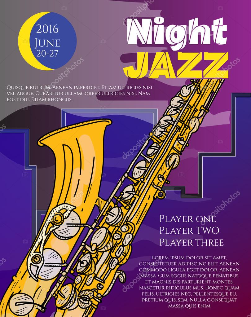 Jazz music night jazz in the big city poster saxophone — Stock Vector