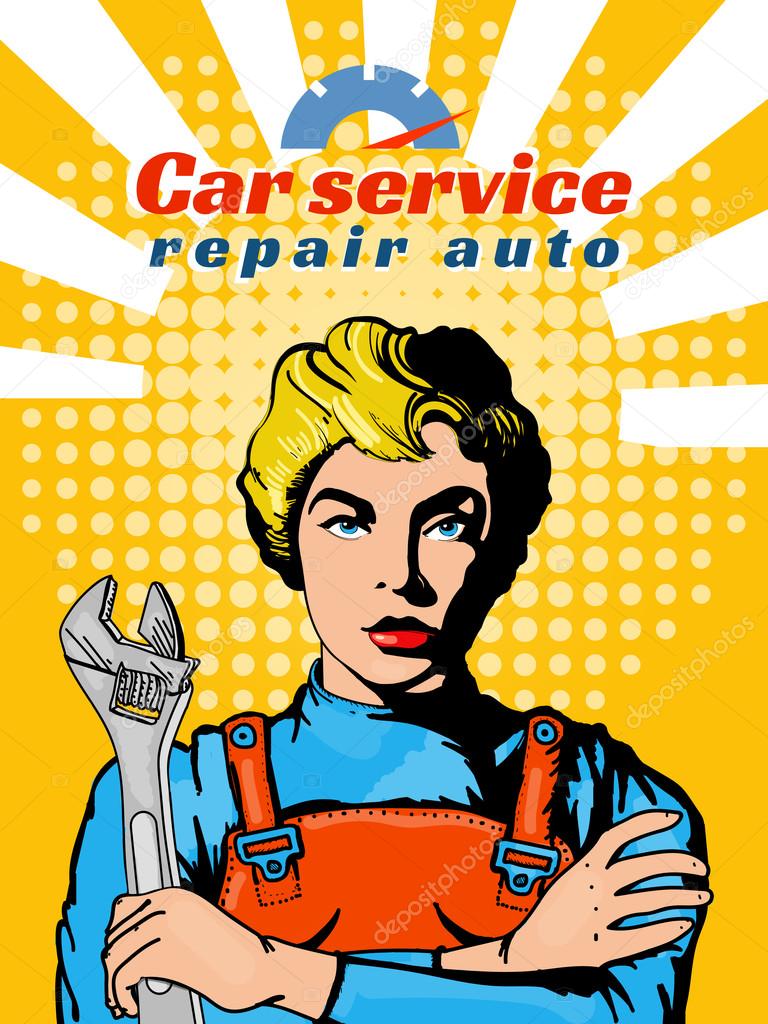 Auto mechanic car repair with a wrench beautiful woman pop art — Stock