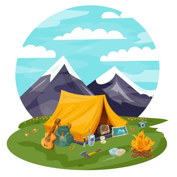 Camping cartoon vector illustration. Tourist tent in mountains.