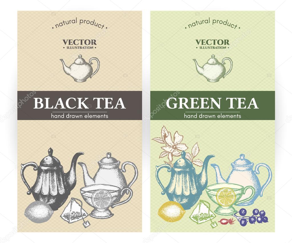 Thé noir et étiquettes de thé vert vecteur d'encre dessiné à la main