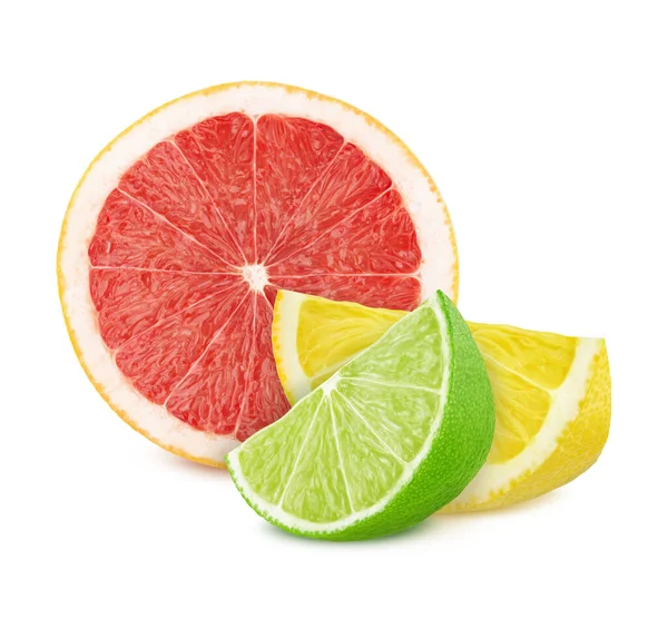 Composição multicolorida com diferentes citrinos - toranja, limão e limão isolados em um fundo branco. — Fotografia de Stock