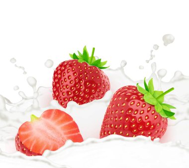 Beyaz arka planda izole edilmiş süt damlalarında çilek.