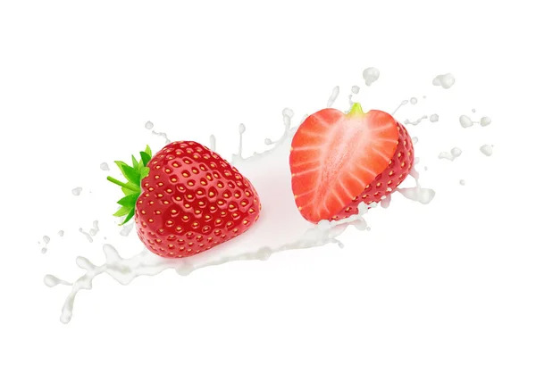 牛奶中的草莓在白色背景下被分离出来. — 图库照片