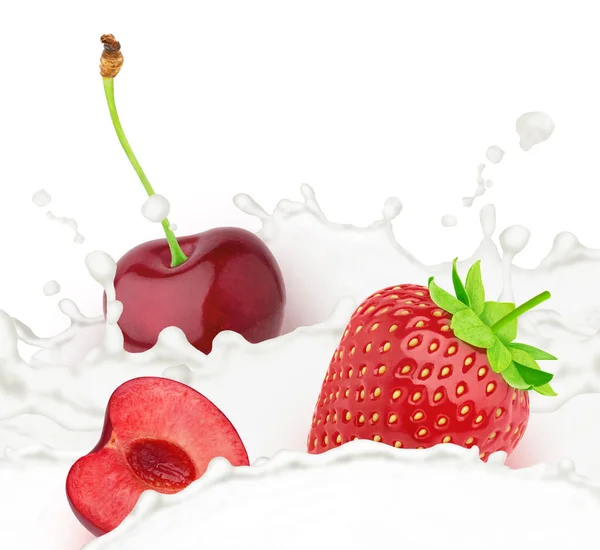 Strawberry and cherry in milk splashes isolated on white background. — Stock Photo, Image