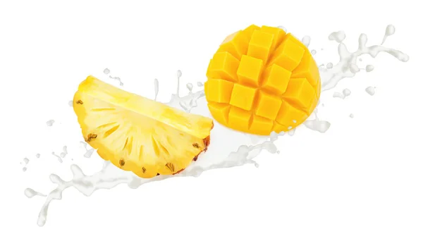 Cięty ananas z mango w mleku rozpryski izolowane na białym tle. — Zdjęcie stockowe